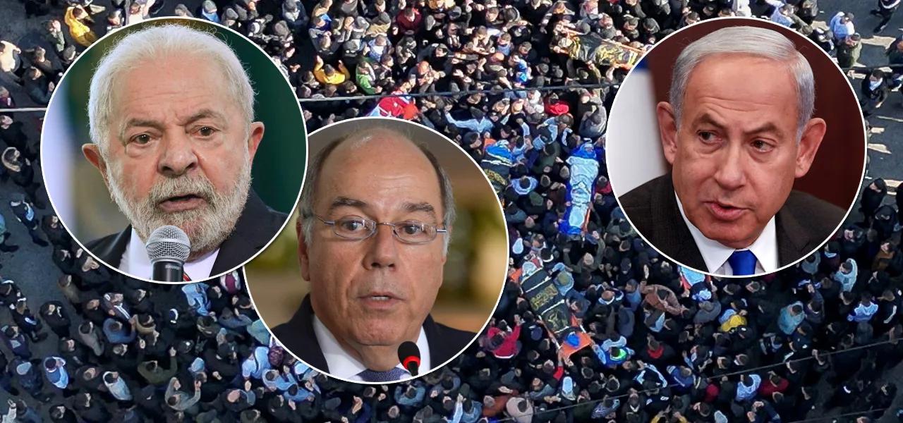 Da esq. para a dir.: Luiz Inácio Lula da Silva, Mauro Vieira (ministro das Relações Exteriores) e Benjamin Netanyahu (primeiro-ministro de Israel). Atrás deles está uma foto sobre conflitos na cidade de Jenin, na Cisjordânia Da esq. para a dir.: Luiz Inácio Lula da Silva, Mauro Vieira (ministro das Relações Exteriores) e Benjamin Netanyahu (primeiro-ministro de Israel). Atrás deles está uma foto sobre conflitos na cidade de Jenin, na Cisjordânia