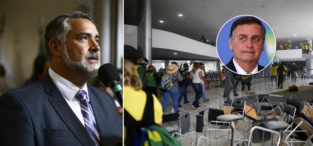 Paulo Pimenta, bolsonaristas radicais invadindo o Palácio do Planalto em 8 de janeiro e Jair Bolsonaro Paulo Pimenta, bolsonaristas radicais invadindo o Palácio do Planalto em 8 de janeiro e Jair Bolsonaro