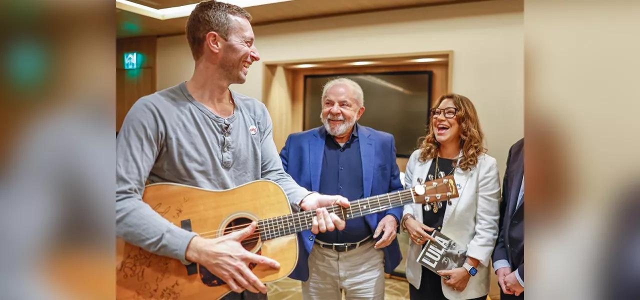 Músico Chris Martin, presidente Lula e primeira-dama Janja Músico Chris Martin, presidente Lula e primeira-dama Janja