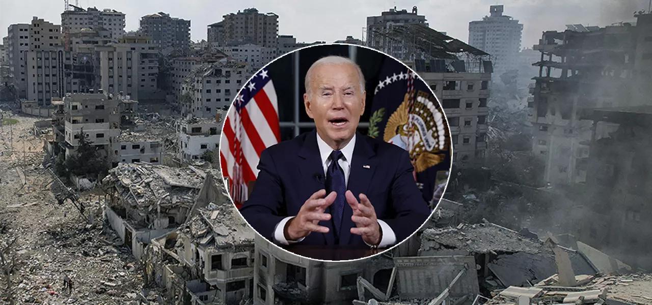 Joe Biden e Gaza destruída por bombardeios de Israel Joe Biden e Gaza destruída por bombardeios de Israel
