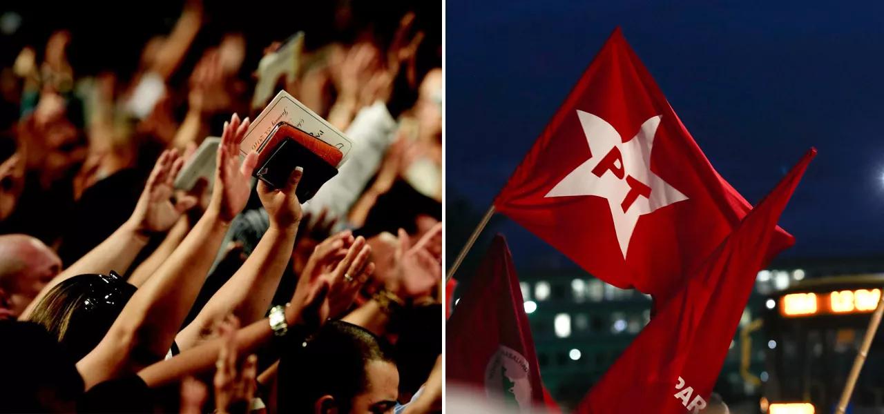 Evangélicos em oração e bandeiras do PT Evangélicos em oração e bandeiras do PT