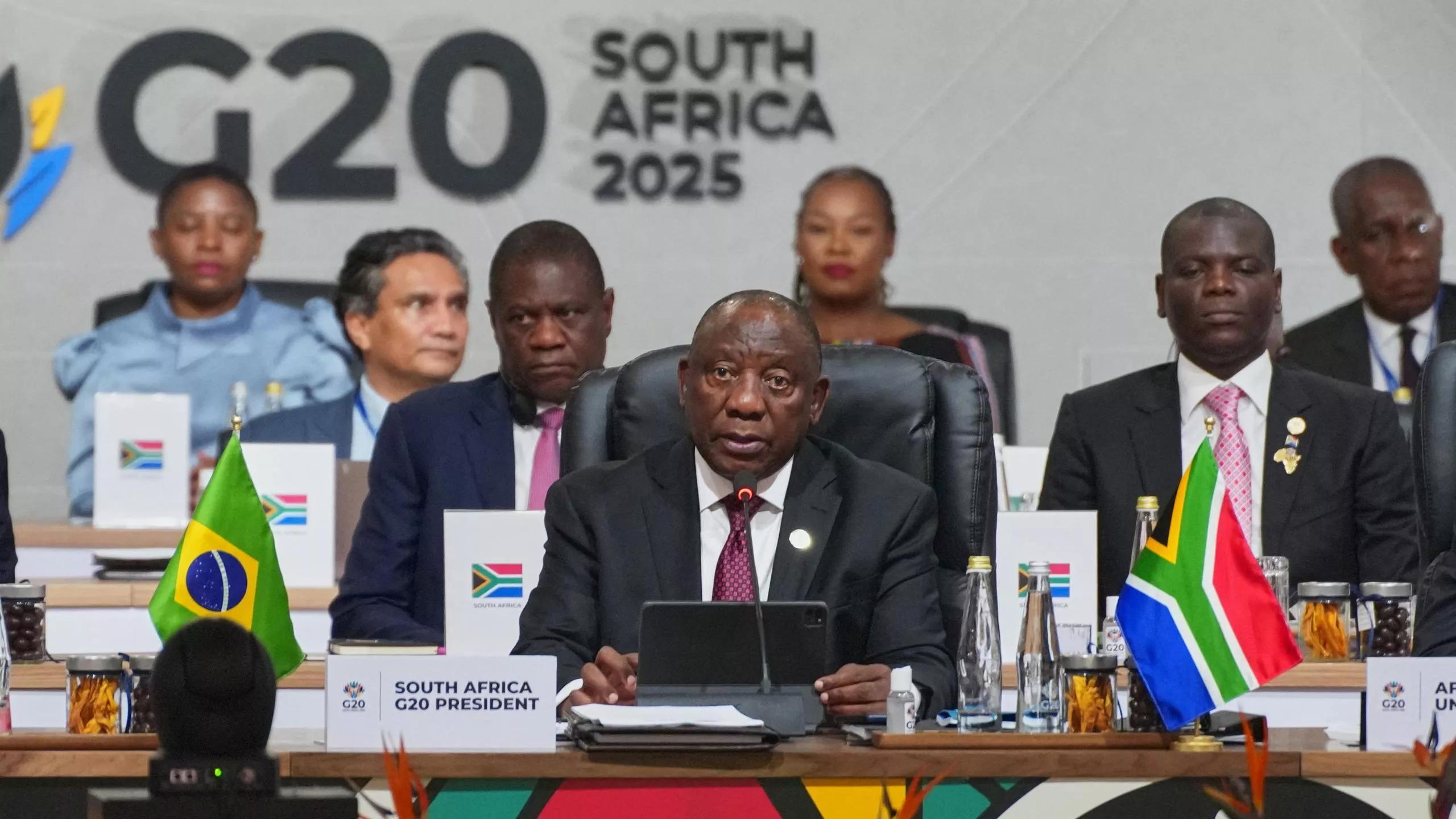 O presidente da África do Sul, Cyril Ramaphosa, durante reunião de cúpula do G20 na África do Sul - 22/11/2025 O presidente da África do Sul, Cyril Ramaphosa, durante reunião de cúpula do G20 na África do Sul - 22/11/2025