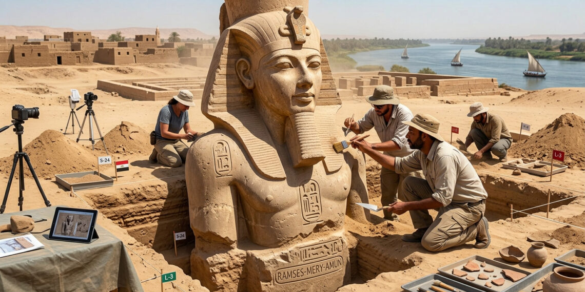 Arqueólogos escavando estátua de Ramsés II com hieróglifos no Delta do Nilo, Egito, com o Rio Nilo ao fundo
