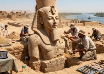 Arqueólogos escavando estátua de Ramsés II com hieróglifos no Delta do Nilo, Egito, com o Rio Nilo ao fundo