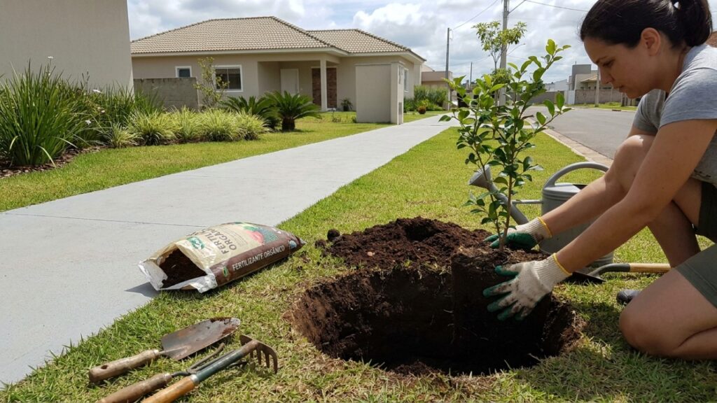 O paisagismo planejado une a beleza ornamental da floração profunda com a segurança das fundações da residência.