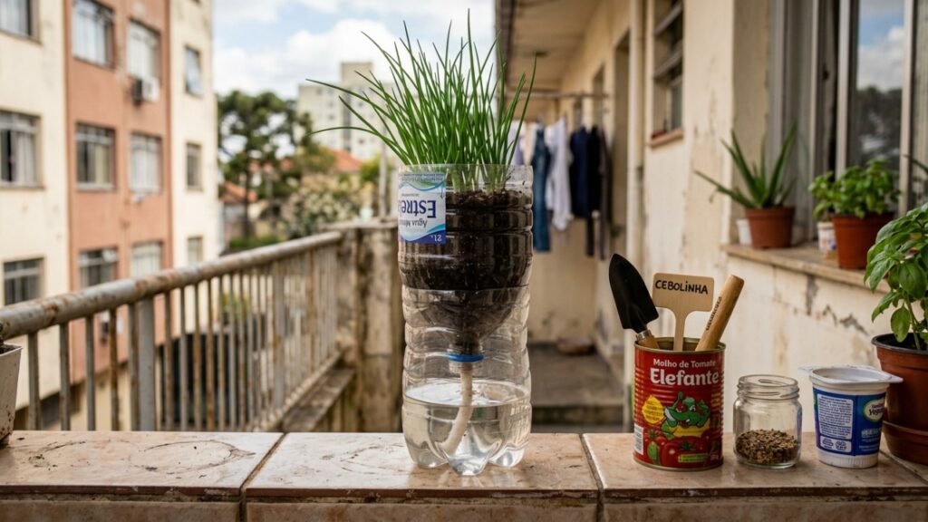 O sistema de vaso autoirrigável feito com material reaproveitado garante a umidade necessária para o crescimento saudável das plantas.