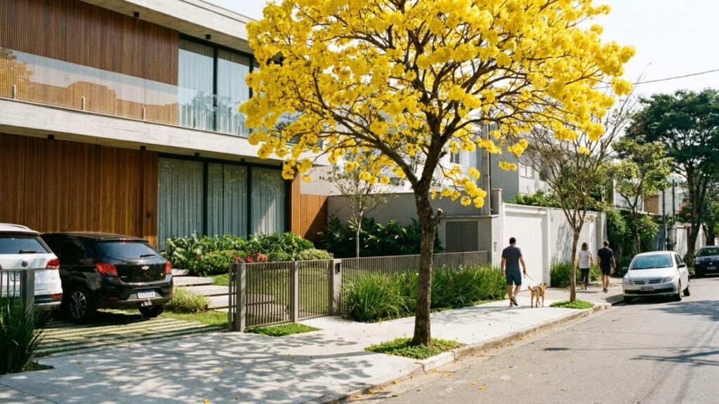 A floração exuberante da árvore atrai polinizadores e transforma a fachada da residência com cores vibrantes.