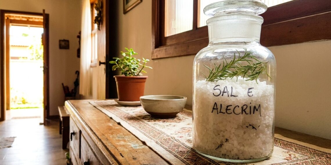 A união do sal grosso com o alecrim cria um escudo natural que afasta as energias pesadas e perfuma o lar.