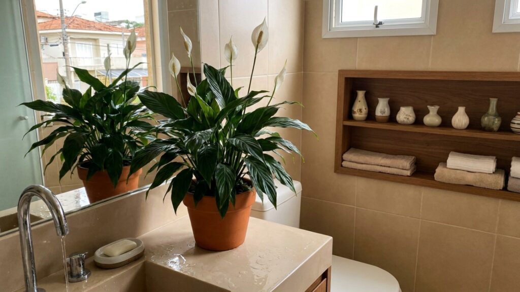 O cultivo de plantas em suportes elevados decora o espaço com elegância e protege as raízes do excesso de água.