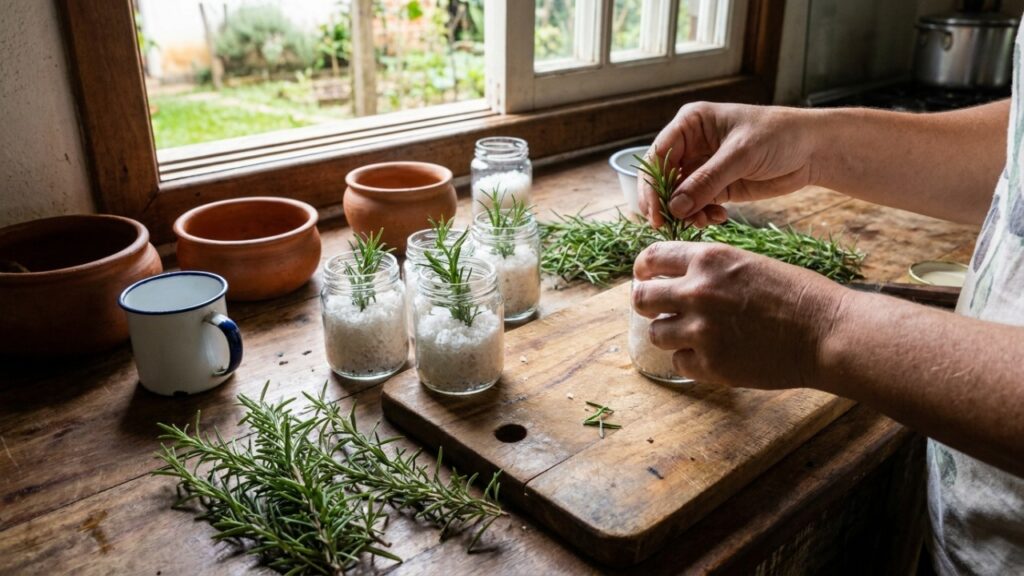 A montagem de pequenos potes de vidro com cristais e ramos verdes transforma o ambiente em um verdadeiro refúgio de paz.