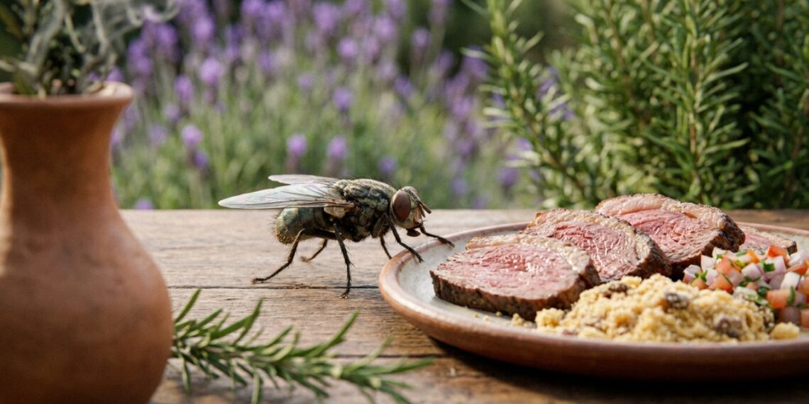 O cultivo estratégico de plantas aromáticas cria uma barreira biológica que protege a área gourmet contra insetos de forma natural.