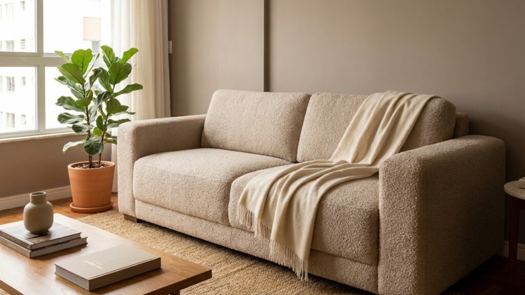 A escolha de móveis com texturas ricas e linhas orgânicas equilibra o design minimalista para criar um ambiente elegante e convidativo.