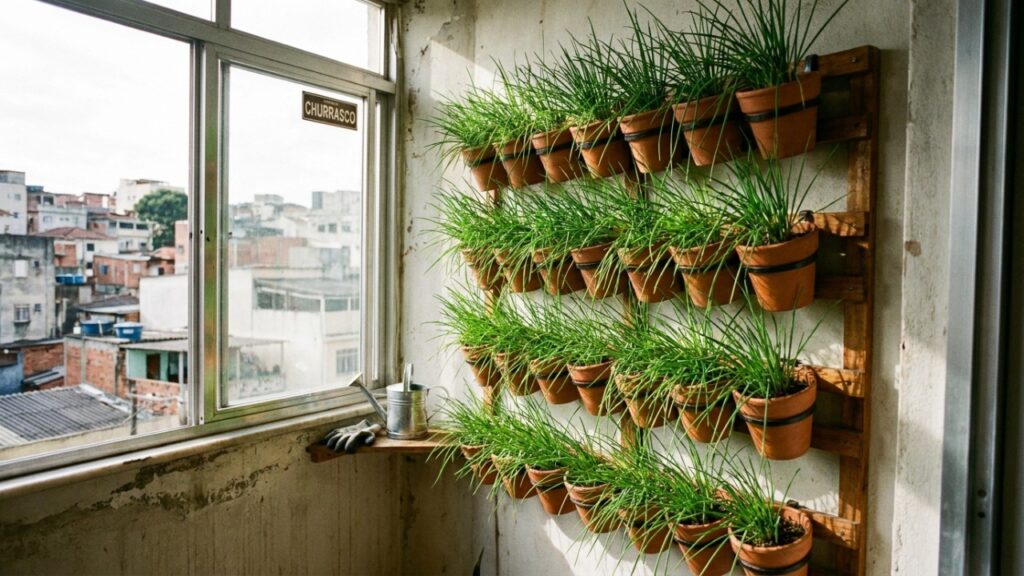 Aproveitar as paredes para o cultivo vertical maximiza a entrada de iluminação natural e facilita o manejo diário dos temperos domésticos.
