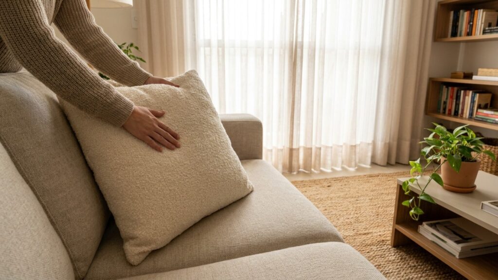 O tecido bouclé adiciona uma camada de sofisticação e conforto ao imitar a delicadeza dos nós de lã natural na superfície do móvel.