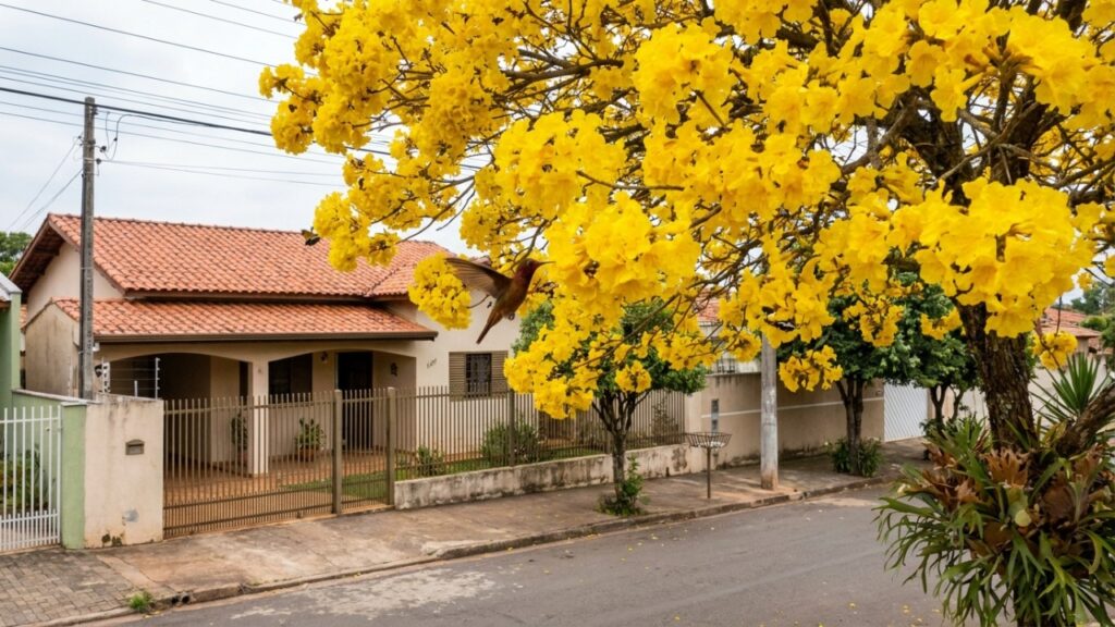 O cultivo planejado dessa espécie garante sombra e beleza na calçada sem comprometer as tubulações ou a fiação elétrica.