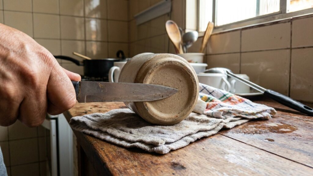 O uso da base de xícaras permite afiar utensílios domésticos com economia e rapidez diretamente na bancada da cozinha.