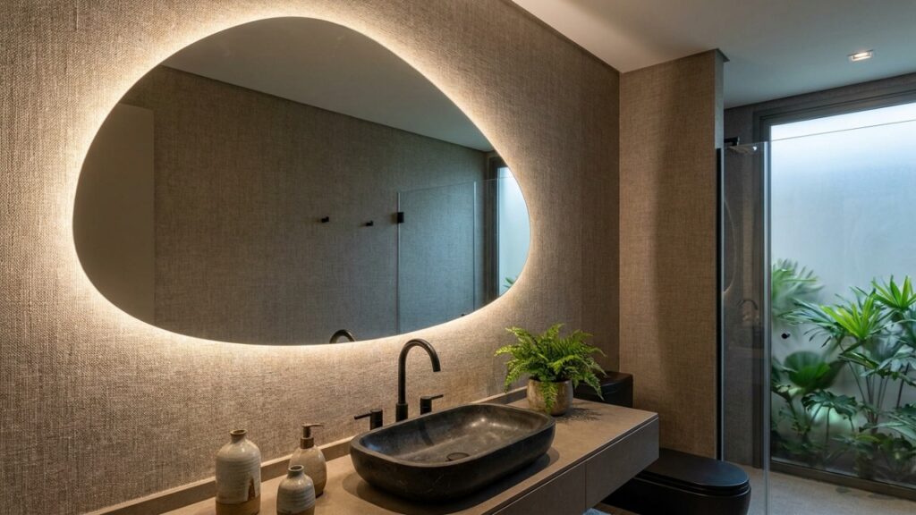 Modelos de formas assimétricas com iluminação embutida transformam o ambiente em um verdadeiro spa residencial de autocuidado.