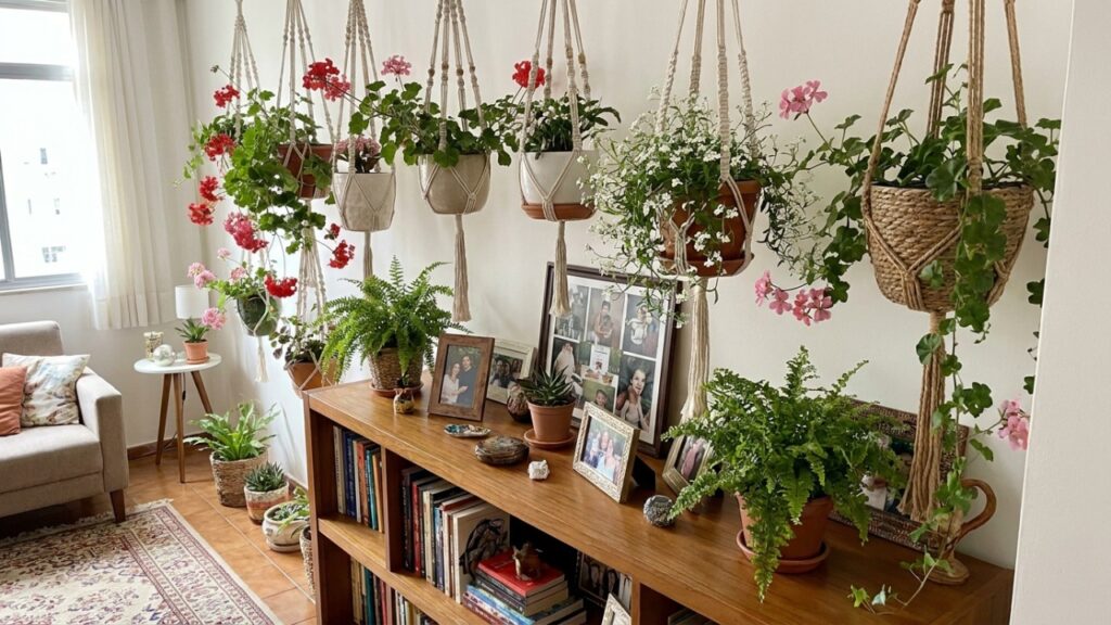 A distribuição de vasos em alturas variadas cria um efeito cascata natural que valoriza o design de interiores e amplia a sensação de frescor.
