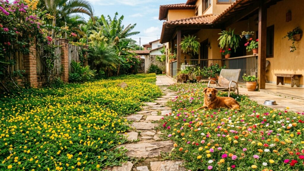 Espécies como o tomilho e o trevo criam um tapete vivo denso que suporta as brincadeiras e o tráfego dos animais de estimação.