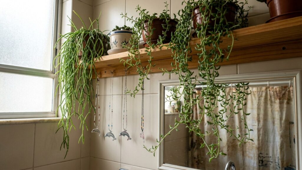 O cultivo de espécies de sombra em suportes elevados transforma o espaço interno em um refúgio de relaxamento.