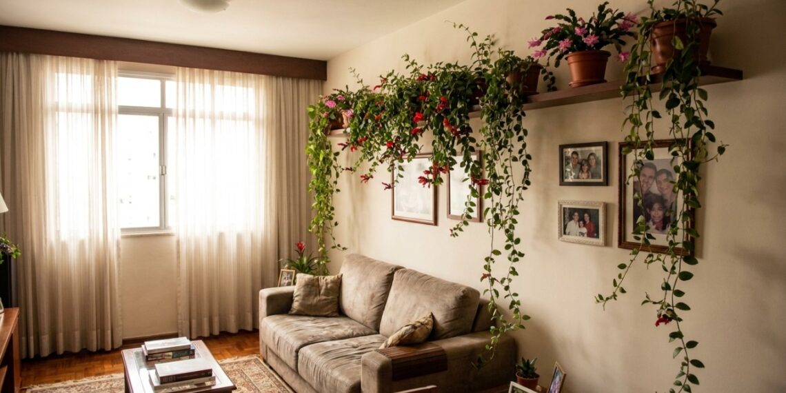 O aproveitamento estratégico das superfícies elevadas com plantas pendentes transforma os ambientes internos em refúgios verdes sem ocupar espaço no piso.