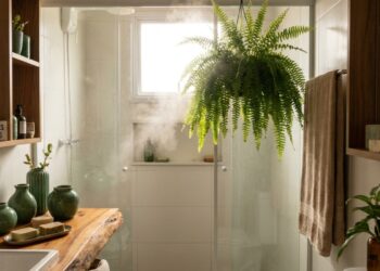 O vapor natural do chuveiro cria o ambiente ideal para nutrir folhagens tropicais e transformar o cômodo em um refúgio relaxante.