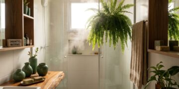O vapor natural do chuveiro cria o ambiente ideal para nutrir folhagens tropicais e transformar o cômodo em um refúgio relaxante.