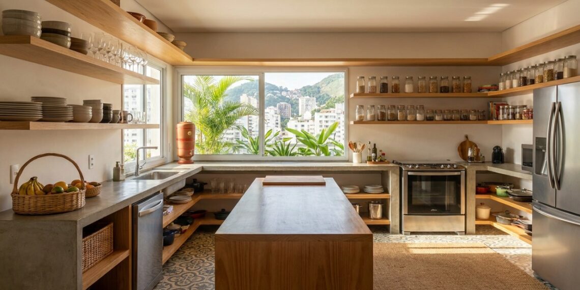 A substituição de armários volumosos por prateleiras abertas amplia o horizonte visual e melhora a circulação de luz natural na cozinha.