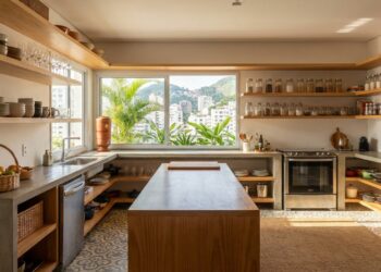A substituição de armários volumosos por prateleiras abertas amplia o horizonte visual e melhora a circulação de luz natural na cozinha.