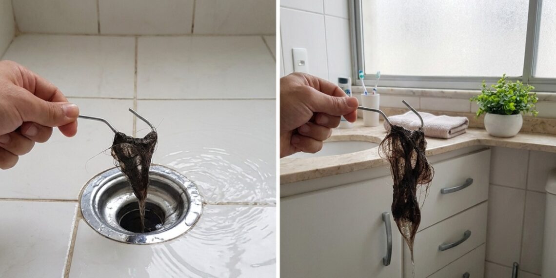 A ação mecânica simples com um gancho caseiro desobstrui o encanamento do box e devolve a vazão natural da água.