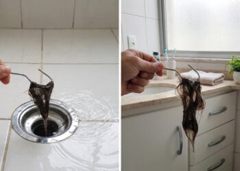 A ação mecânica simples com um gancho caseiro desobstrui o encanamento do box e devolve a vazão natural da água.