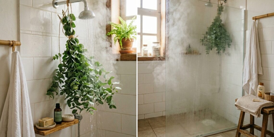 O vapor do chuveiro libera os óleos essenciais do eucalipto fresco para aliviar as vias respiratórias naturalmente.