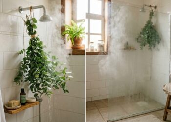 O vapor do chuveiro libera os óleos essenciais do eucalipto fresco para aliviar as vias respiratórias naturalmente.