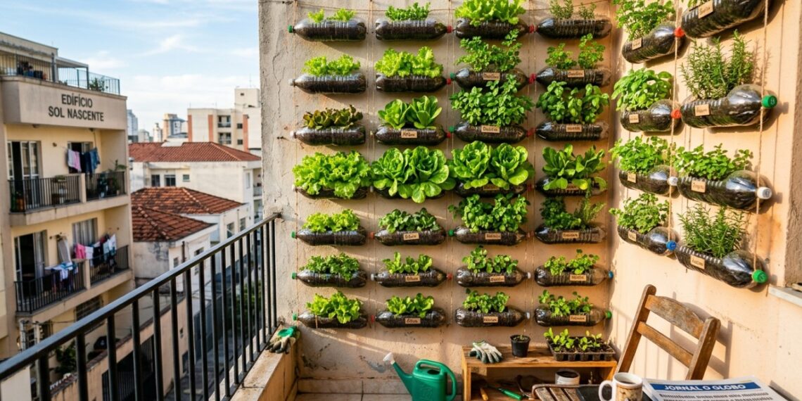 O uso de garrafas plásticas recicladas permite a montagem de uma horta vertical produtiva em pequenos espaços domésticos.