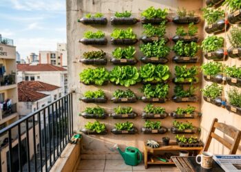 O uso de garrafas plásticas recicladas permite a montagem de uma horta vertical produtiva em pequenos espaços domésticos.