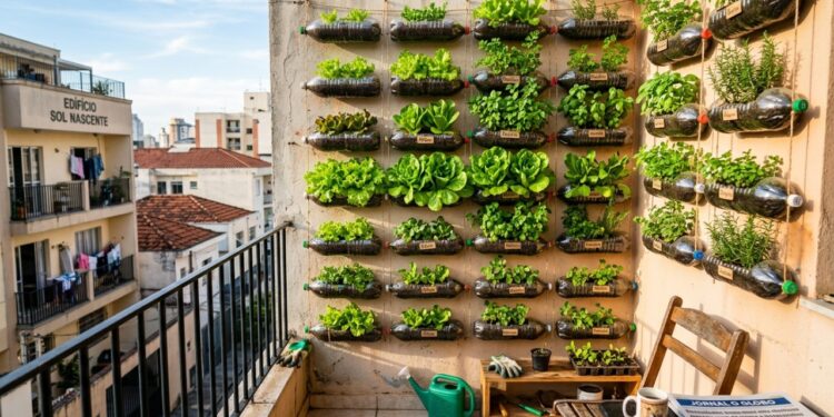 O uso de garrafas plásticas recicladas permite a montagem de uma horta vertical produtiva em pequenos espaços domésticos.