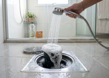 A efervescência poderosa do bicarbonato com vinagre remove a gordura acumulada e elimina o mau cheiro do ralo.