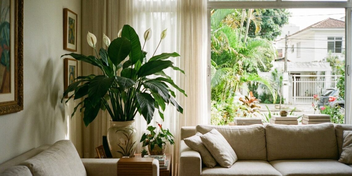 O cultivo do lírio-da-paz gigante em ambientes internos funciona como um filtro natural que melhora a qualidade do ar na sala de estar.