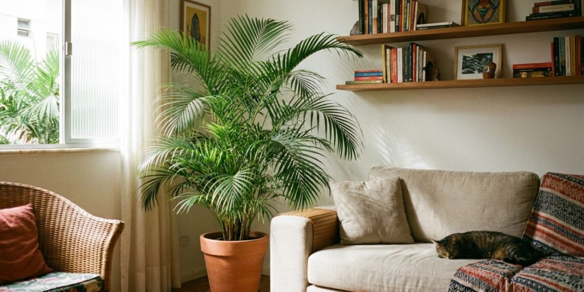 A palmeira-chamedorea possui crescimento lento e porte compacto ideal para transformar a decoração de salas pequenas.