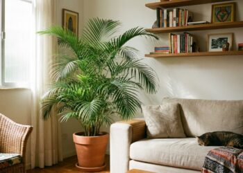 A palmeira-chamedorea possui crescimento lento e porte compacto ideal para transformar a decoração de salas pequenas.
