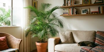 A palmeira-chamedorea possui crescimento lento e porte compacto ideal para transformar a decoração de salas pequenas.