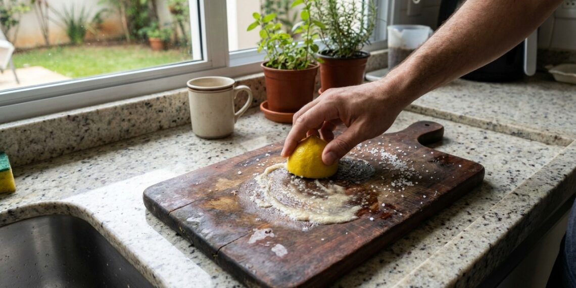 O atrito mecânico do sal grosso atua removendo os resíduos de comida que ficam presos nas ranhuras profundas da madeira.
