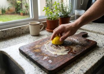 O atrito mecânico do sal grosso atua removendo os resíduos de comida que ficam presos nas ranhuras profundas da madeira.