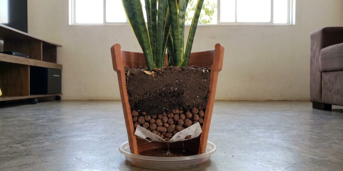 A montagem correta do vaso evita o acúmulo de água que apodrece as raízes da espada-de-são-jorge.