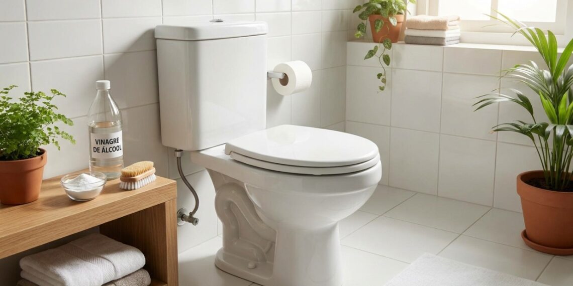 O vinagre branco atua durante a noite removendo manchas amarelas e placas de calcário do vaso sanitário sem a necessidade de esfregar.