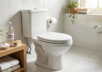 O vinagre branco atua durante a noite removendo manchas amarelas e placas de calcário do vaso sanitário sem a necessidade de esfregar.