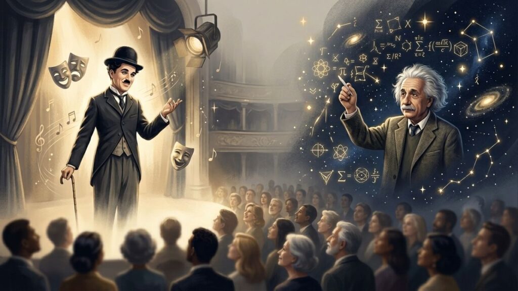 Charlie Chaplin, ao comentar a popularidade e a genialidade de Albert Einstein, disse: "A sua glória é maior que a minha. O mundo inteiro o admira, mesmo sem entender uma palavra do que você diz."