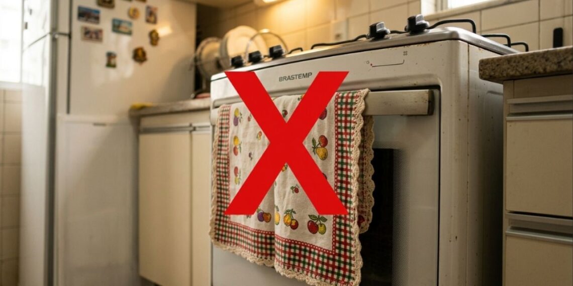 Por que não é uma boa ideia pendurar um pano de prato na porta do forno?