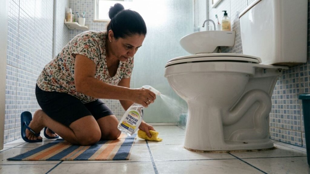 Qual a finalidade de borrifar vinagre ao redor do vaso sanitário e por que isso é recomendado?
