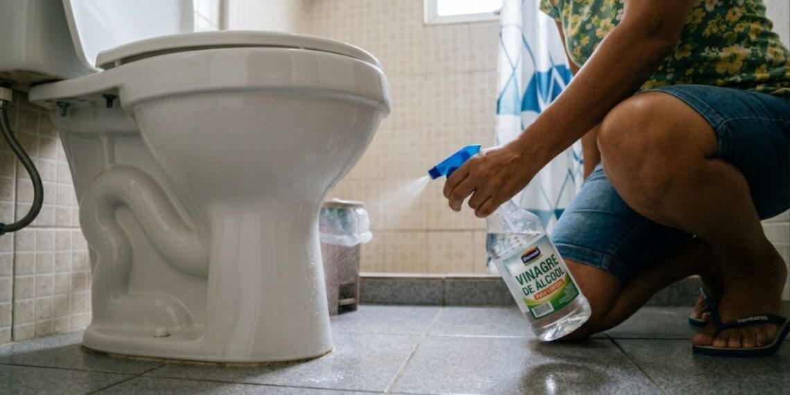 Qual a finalidade de borrifar vinagre ao redor do vaso sanitário e por que isso é recomendado?